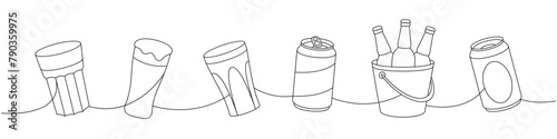 Beer pub elements one line continuous drawing. Beer bottles, can, glass, mug continuous one line illustration. Vector linear illustration.