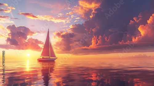 A sailboat is sailing on a calm ocean with a beautiful sunset in the background