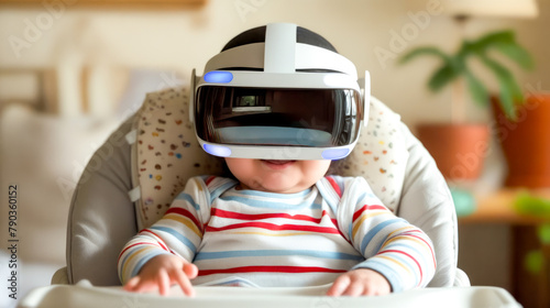 Baby in highchair wearing virtual reality device on his head. photo