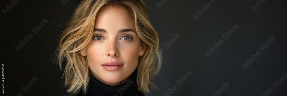 Contemporary Blonde Caucasian Woman in Casual Black Turtleneck, Wide Banner, Web Graphic Contemporary Blonde Caucasian Woman in Casual Black Turtleneck, Wide Banner, Web Graphic
