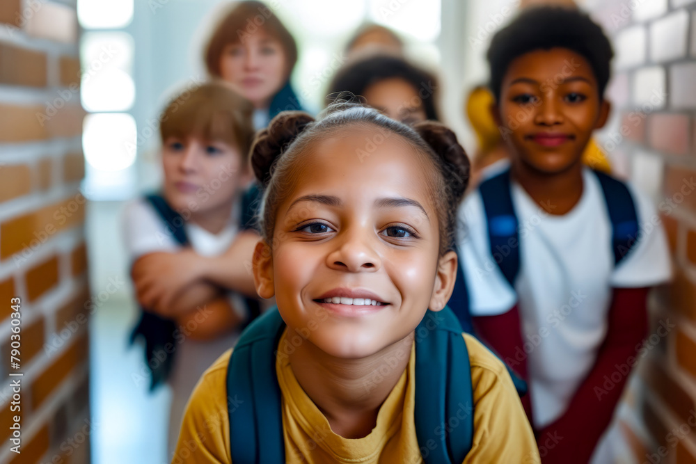 Group of children standing next to each other in front of mirror. Group of children standing next to each other in front of mirror.