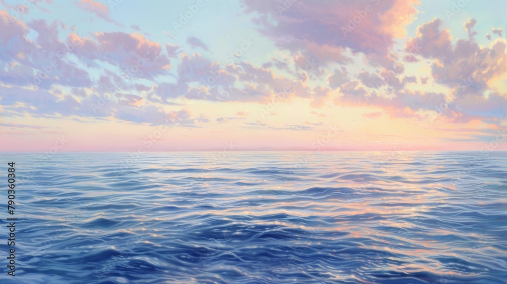 Obraz premium Ocean sunrise: The first light of dawn paints the sky in soft pastel hues, signaling the beginning of a new day over the tranquil ocean.