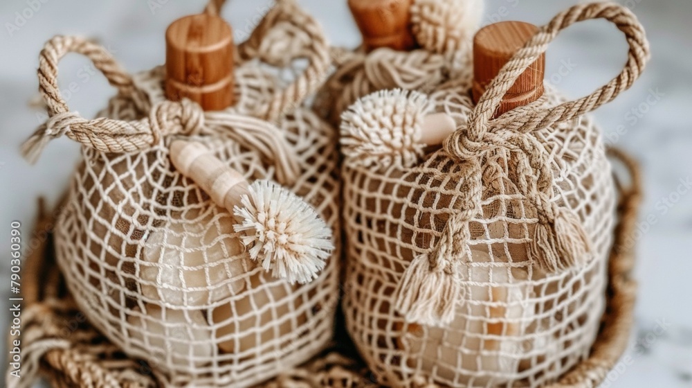 Two bags filled with bottles of lotion and a wooden spoon, AI Two bags filled with bottles of lotion and a wooden spoon, AI