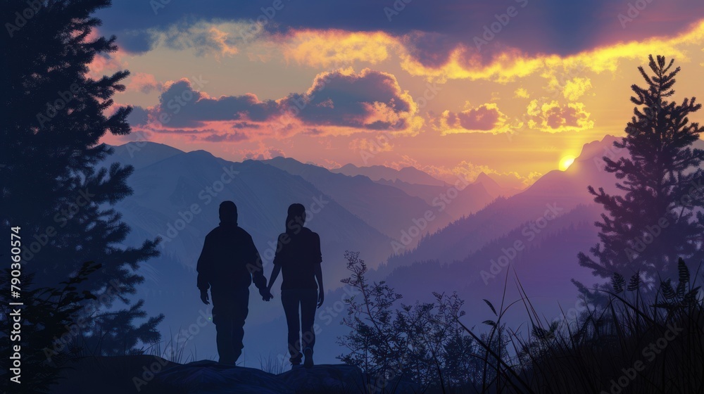 A couple holding hands stands on the top of a mountain and looks at the sunset. The mountains are purple and blue.