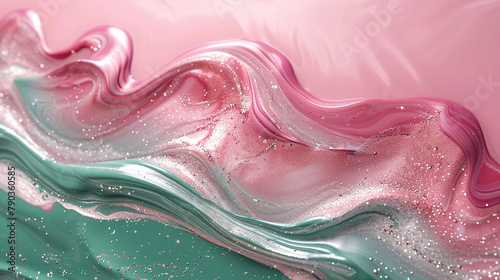 An abstract wave of bamboo green and flamingo pink, with a silver glitter crest. 