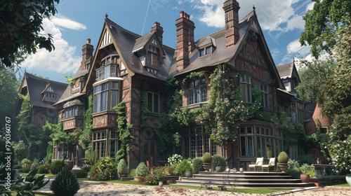 A sprawling Victorian manor ensconced within manicured gardens, its ivy-clad walls and turret-topped roof evoking the elegance of a bygone era. As afternoon tea is served on the veranda,