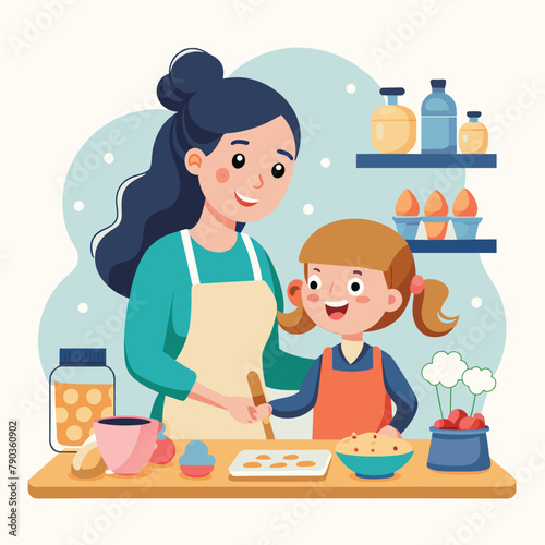 A woman and a little girl are engaged in baking activities in a kitchen setting, A charming clipart of a mother and child baking cookies in the kitchen, Simple and minimalist flat Vector Illustration