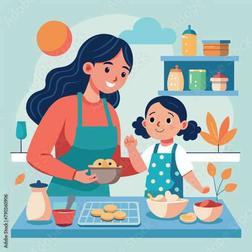 Mother and Daughter Cooking Together in the Kitchen, A charming clipart of a mother and child baking cookies in the kitchen, Simple and minimalist flat Vector Illustration