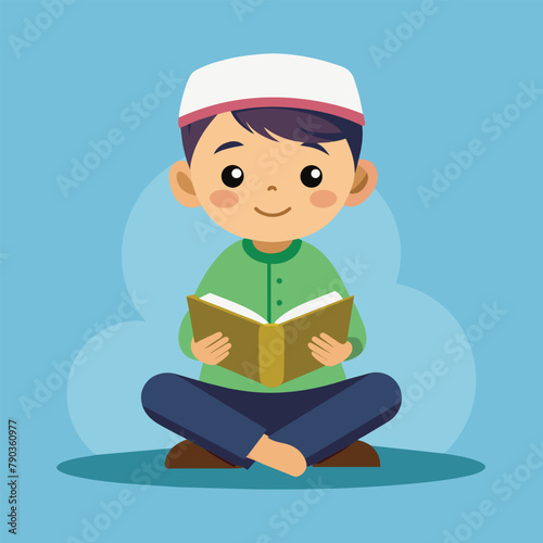 Young child sitting on floor, engrossed in reading a book, A child reading Quran with a thoughtful expression, Simple and minimalist flat Vector Illustration