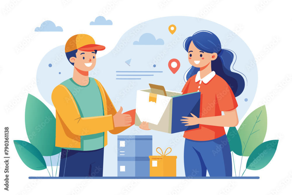 A man and a woman standing together, holding a box, a courier delivers a package to a buyer, Simple and minimalist flat Vector Illustration A man and a woman standing together, holding a box, a courier delivers a package to a buyer, Simple and minimalist flat Vector Illustration