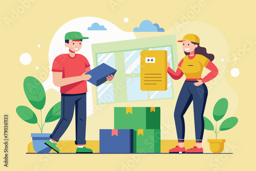 A man and a woman, courier and buyer, standing together near a package delivery, a courier delivers a package to a buyer, Simple and minimalist flat Vector Illustration