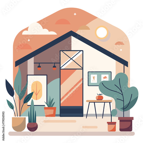 A house with various potted plants arranged neatly in front of it, adding a touch of green to the setting, man riding a scooter with a cart of goods, Simple and minimalist flat Vector Illustration