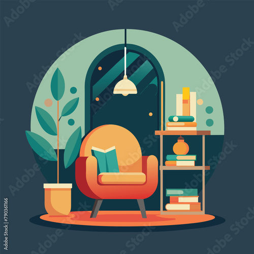 A simple living room with a chair and a bookshelf, creating a cozy reading nook in a minimalist setting, woman reading a book with a study lamp, Simple and minimalist flat Vector Illustration