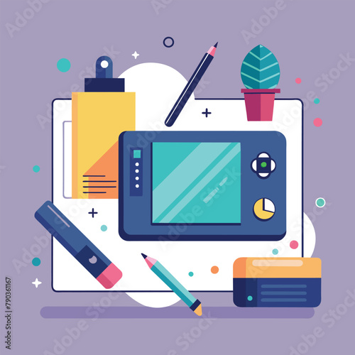 Tablet With Pen, Pencil, and Various Items, A creative workspace with an oversized drawing tablet and digital pen, Simple and minimalist flat Vector Illustration