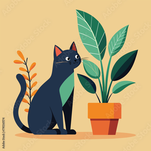 Curious black cat sitting calmly next to a green potted plant, observing its surroundings, A curious cat exploring a potted plant, Simple and minimalist flat Vector Illustration