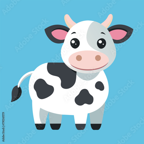 A cartoon cow with a cute pink nose standing on a vibrant blue background, A cute and cuddly dairy cow, with a tiny pink nose and fluffy ears, Simple and minimalist flat Vector Illustration