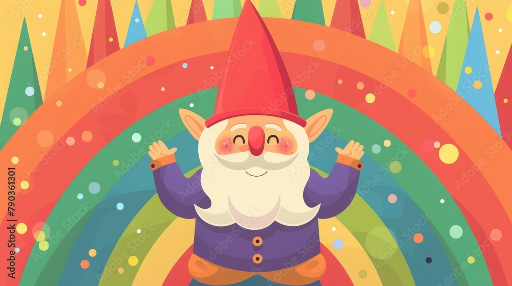 Naklejka premium flat illustration cartoon gnome on rainbow background.