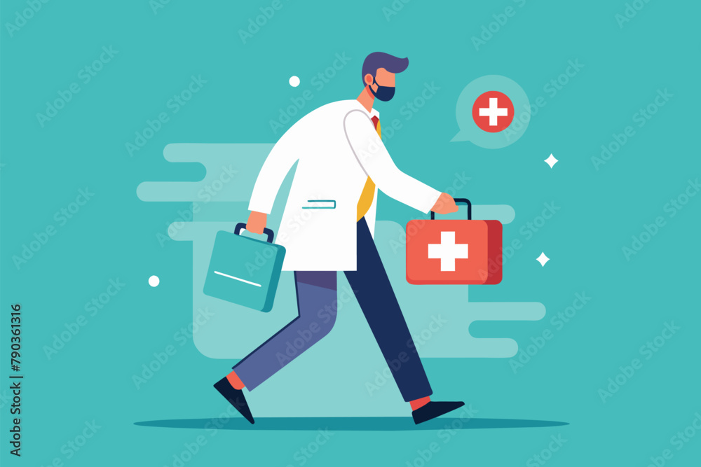 A man in a white coat carrying a red first aid kit with medical supplies, A doctor with first aid bag and medicine trending, Simple and minimalist flat Vector Illustration A man in a white coat carrying a red first aid kit with medical supplies, A doctor with first aid bag and medicine trending, Simple and minimalist flat Vector Illustration