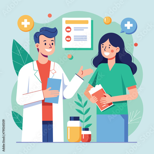 A man and a woman engaged in conversation, a doctor explains medicine to a customer, Simple and minimalist flat Vector Illustration photo