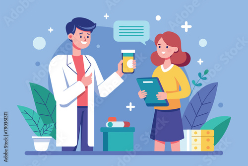 A man and woman stand side by side in front of a clipboard, possibly discussing or reviewing information, A doctor give RX prescription, Simple and minimalist flat Vector Illustration