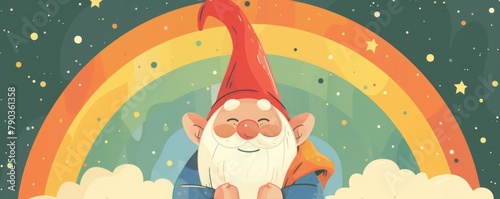 flat illustration cartoon gnome on rainbow background.