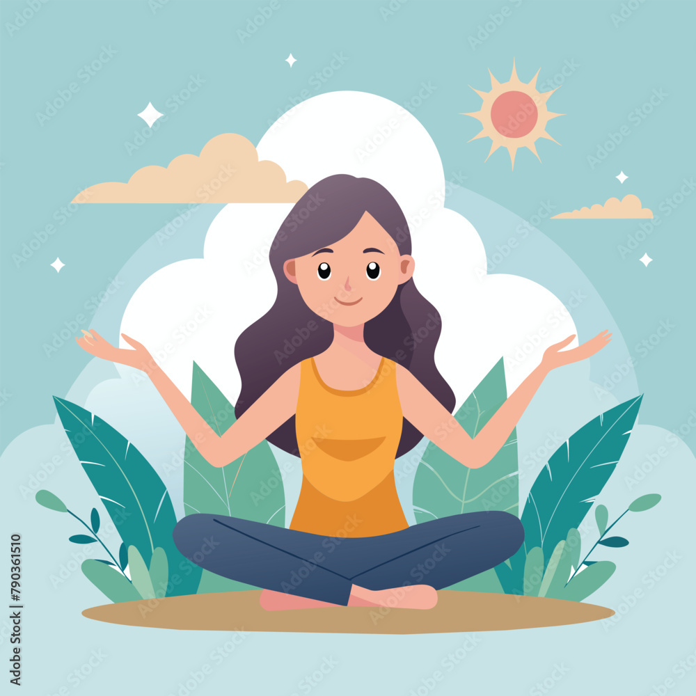 Woman Sitting in Lotus Position, A girl with her arms stretched upward, palms facing the sky, in a serene yoga pose, Simple and minimalist flat Vector Illustration