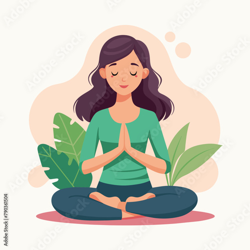 Woman Meditating in Lotus Position, A girl sitting with her eyes closed, hands in prayer position at her heart, in a calming yoga pose, Simple and minimalist flat Vector Illustration