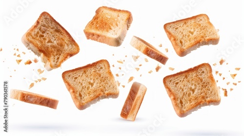 Many delicious flying toasted bread pieces texture white background. AI generated image