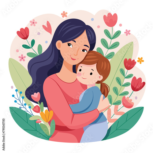 A woman tenderly holding a child in her arms, A heartwarming image of a mother and child embracing with flowers in the background, Simple and minimalist flat Vector Illustration