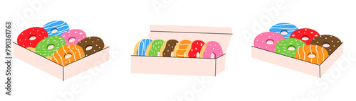 Set of box donuts. Bakery sweet pastry food. Vector illustration.