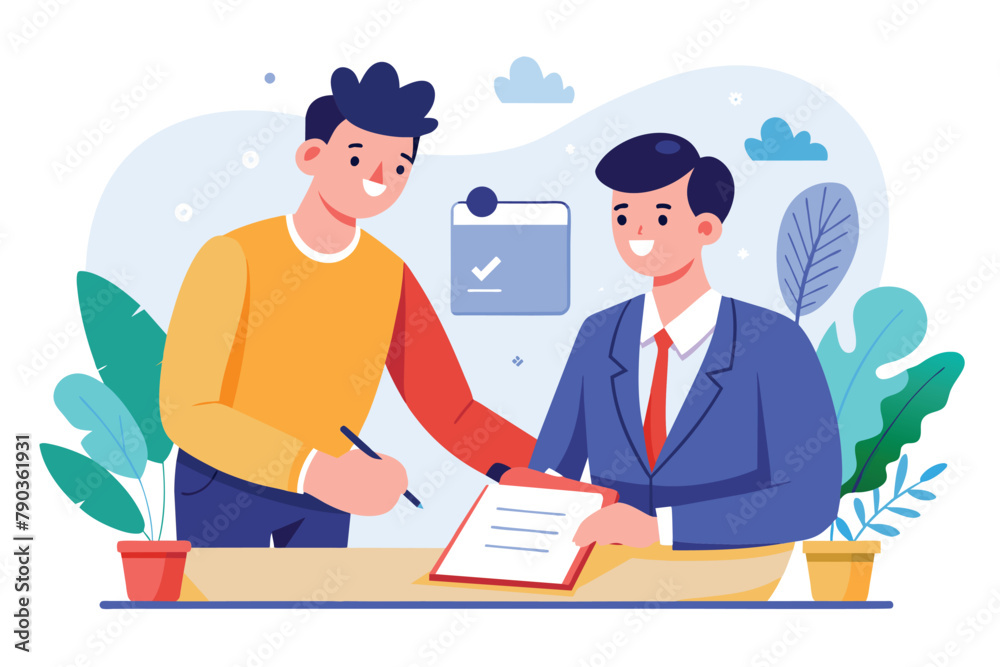 Two men standing, shaking hands over a signed document, finalizing a business agreement, a man enters into a cooperation agreement for business, Simple and minimalist flat Vector Illustration Two men standing, shaking hands over a signed document, finalizing a business agreement, a man enters into a cooperation agreement for business, Simple and minimalist flat Vector Illustration