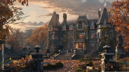A stately mansion nestled among vibrant autumn foliage, its grandeur softened by the gentle glow of twilight. The warm hues dance across the facade, inviting whispers of stories within. photo