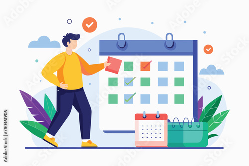 A man stands next to a calendar, circling dates for meeting plans, A man circles a calendar for meeting plans, Simple and minimalist flat Vector Illustration