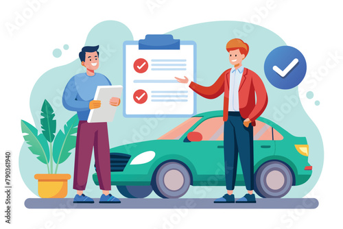 Two men standing next to a green car, possibly discussing or inspecting the vehicle, A man getting a car loan approved, Simple and minimalist flat Vector Illustration
