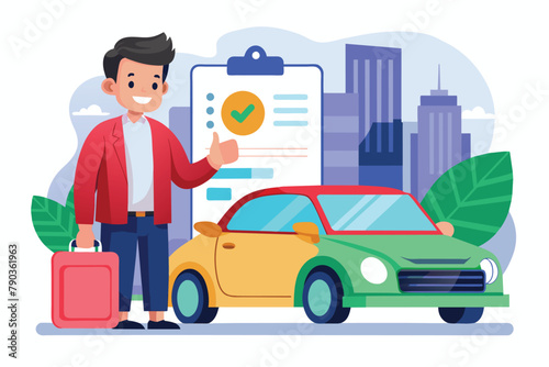 A man standing next to a green car, possibly after getting a car loan approval, A man getting a car loan approved, Simple and minimalist flat Vector Illustration
