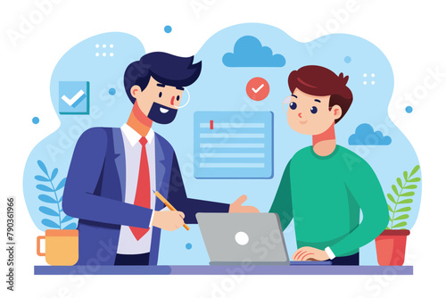 Two men seal a business deal by shaking hands over a laptop computer, a man enters into a cooperation agreement for business, Simple and minimalist flat Vector Illustration