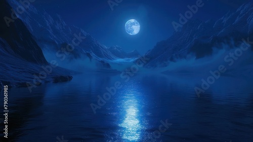 A full moon shines over a body of water, surrounded by mountains. The water is calm and reflective, almost like glass. The sky is dark blue and there are clouds in the distance. photo