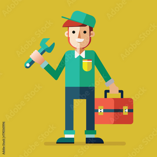 A man standing while holding a wrench in one hand and a briefcase in the other, A man holds a wrench in his hand and a tool box, Simple and minimalist flat Vector Illustration