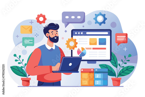 A man is holding a laptop in front of a computer screen, checking for website improvement, a man is checking a device for website improvements, Simple and minimalist flat Vector Illustration
