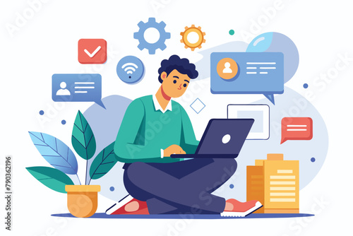 A man is sitting on the floor, focused on using a laptop to install apps, A man is installing apps on a laptop, Simple and minimalist flat Vector Illustration