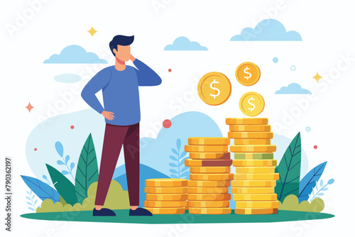 A man stands next to a large pile of gold coins, looking determined and focused, a man is looking at the future in a pile of dollar coins, Simple and minimalist flat Vector Illustration