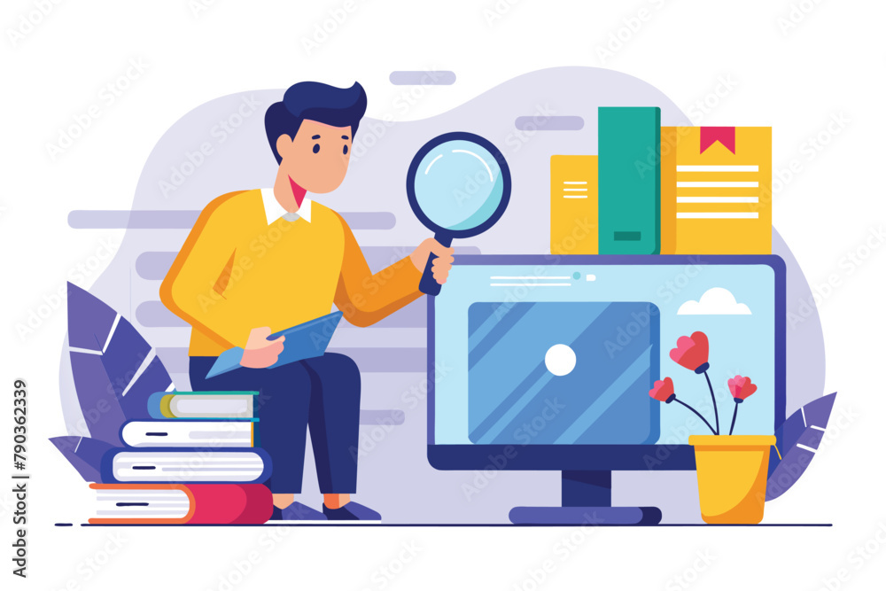 A man is holding a magnifying glass in front of a computer screen ...