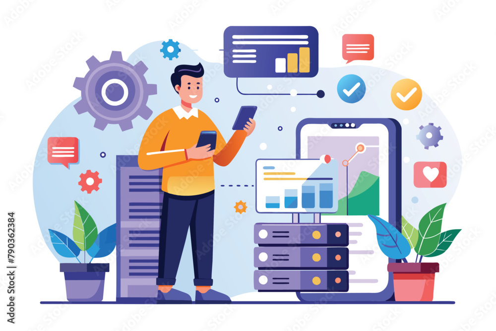 Man Standing in Front of Large Data Stack, A man maintenance big data applications via smartphone, data processing software, database management, Simple and minimalist flat Vector Illustration Man Standing in Front of Large Data Stack, A man maintenance big data applications via smartphone, data processing software, database management, Simple and minimalist flat Vector Illustration