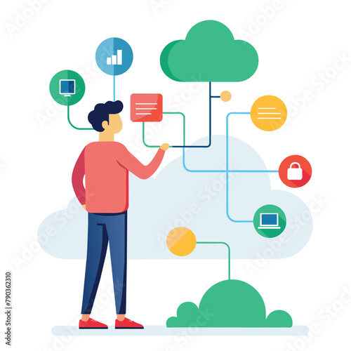 A man stands in front of a cloud displaying various digital icons in a computing diagram, a man looking at a cloud computing diagram, Simple and minimalist flat Vector Illustration