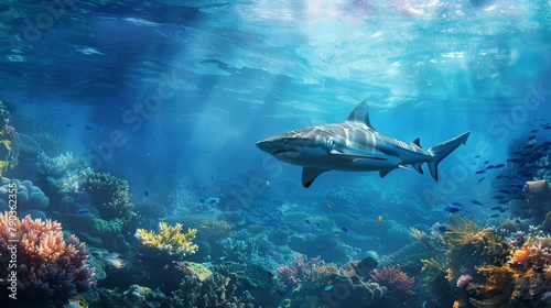 Wallpaper Mural Reef shark encounter: A curious reef shark investigates a coral reef, its sleek silhouette cutting through the azure waters with grace. Torontodigital.ca