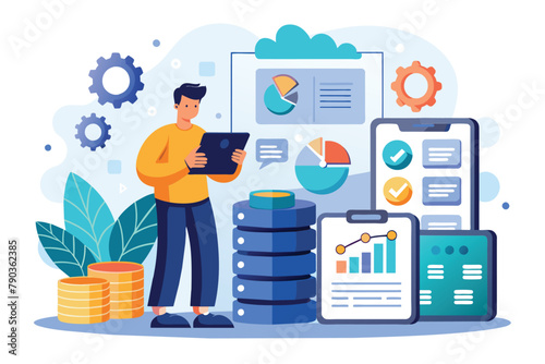 Man Analyzing Stacks of Data, A man maintenance big data applications via smartphone, data processing software, database management, Simple and minimalist flat Vector Illustration