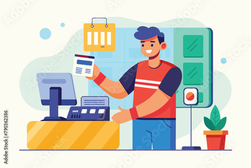 A man standing in front of a cash register making payments using a barcode scanner, A man makes payments via barcode, Simple and minimalist flat Vector Illustration