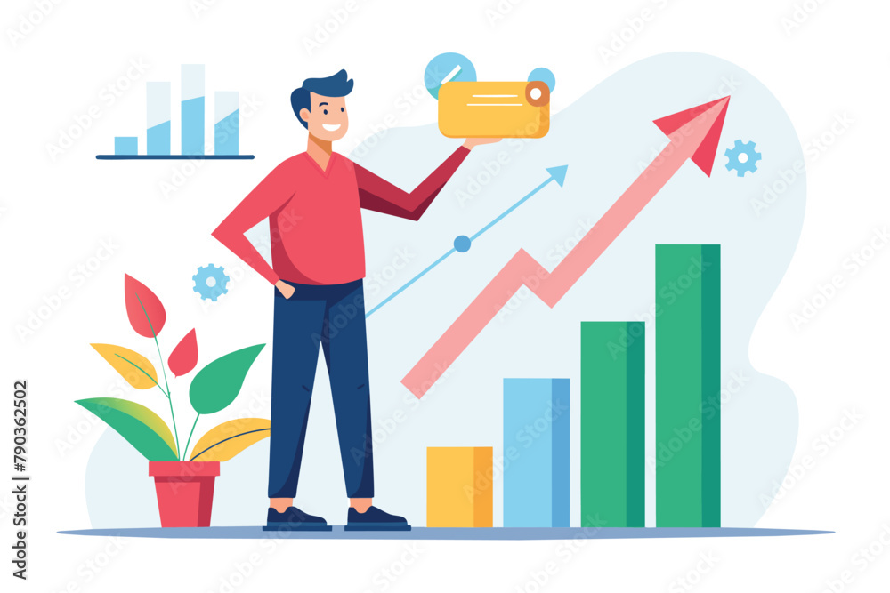 A man stands in front of a bar chart showing growth trends, presenting confidently, A man presenting growth charts trending, Simple and minimalist flat Vector Illustration A man stands in front of a bar chart showing growth trends, presenting confidently, A man presenting growth charts trending, Simple and minimalist flat Vector Illustration