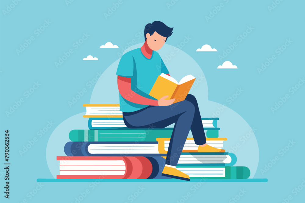 A man sitting atop a stack of books, engrossed in reading a book, a man reading a book sitting on a pile of books, Simple and minimalist flat Vector Illustration A man sitting atop a stack of books, engrossed in reading a book, a man reading a book sitting on a pile of books, Simple and minimalist flat Vector Illustration