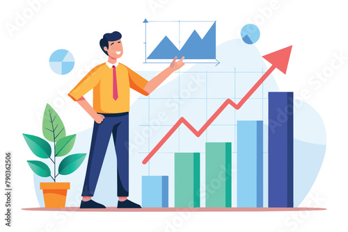A man is standing in front of a bar chart, presenting growth trends and data analysis, A man presenting growth charts trending, Simple and minimalist flat Vector Illustration